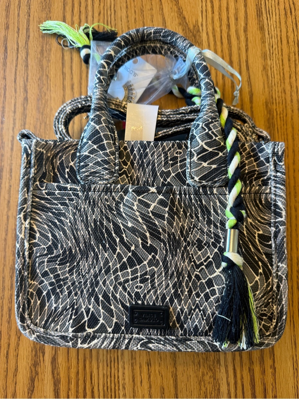 Vince Camuto Black & White Swirl Tote with Neon Green Tassel - Picture 2 of 6